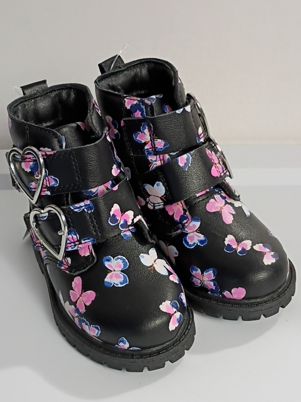 CARTER'S Black Ankle Boots with Heart-Buckles and Pink & Blue Butterflies SIZE 7